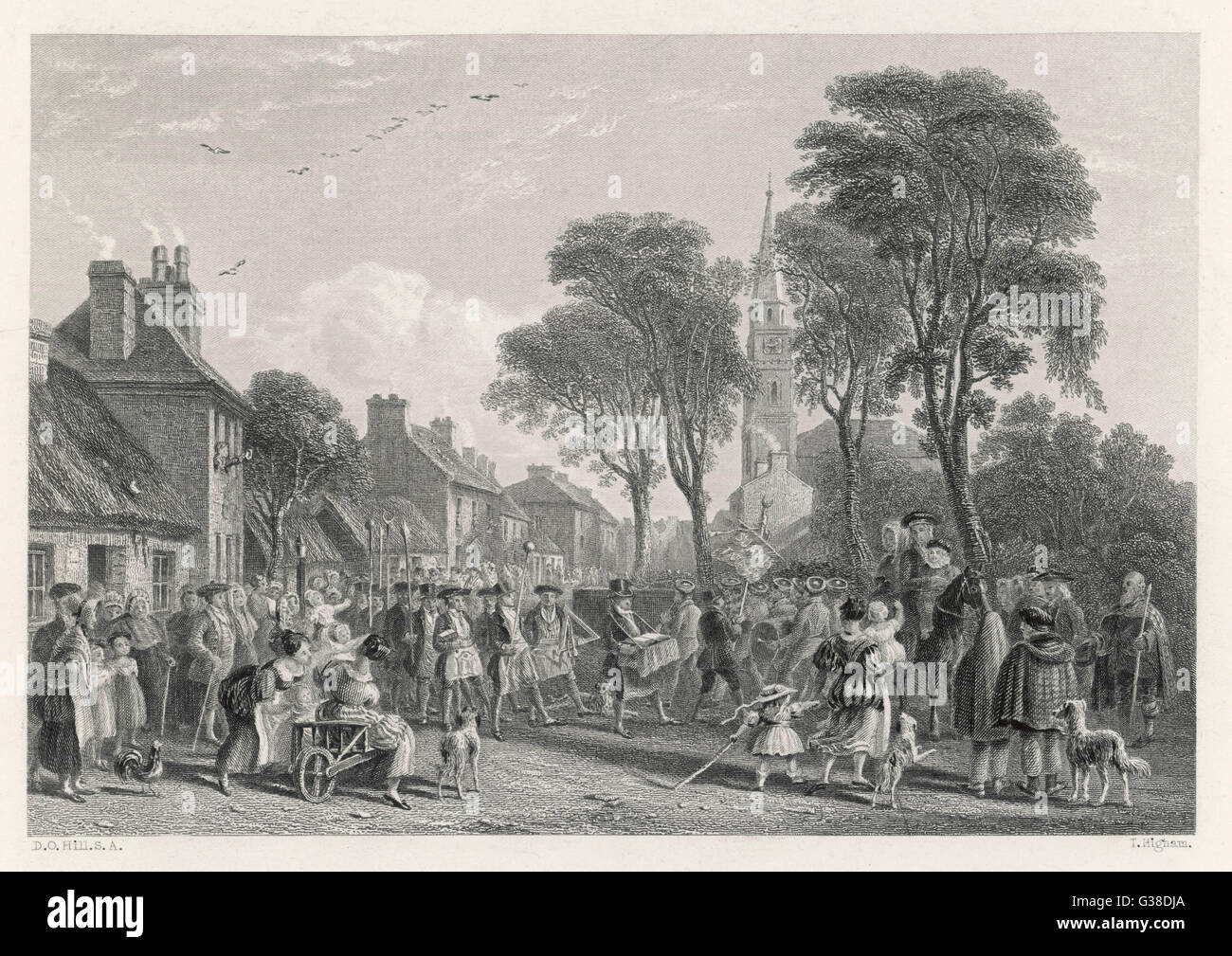 A procession of Saint James's  Masonic Lodge, Tarbolton,  Ayrshire (Scotland) ; note the  symbolic objects carried by  the leaders      Date: circa 1800 Stock Photo