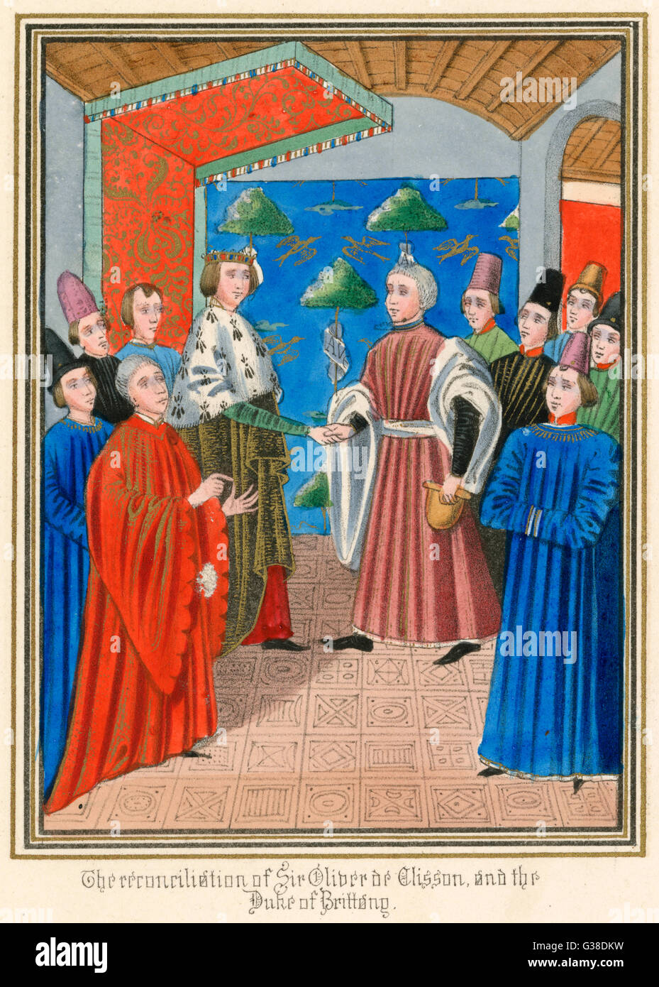 A group of French nobles : the reconciliation between  sire Olivier de Clisson and  the duc de Bretagne       Date: 1390s Stock Photo