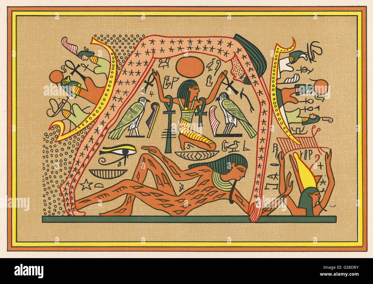 An Egyptian view of Creation -  Geb, the Earth-God, lies on  the ground with his sister NUT  the sky-goddess arched above  him ; between them hovers the  air- god, who is not involved Stock Photo