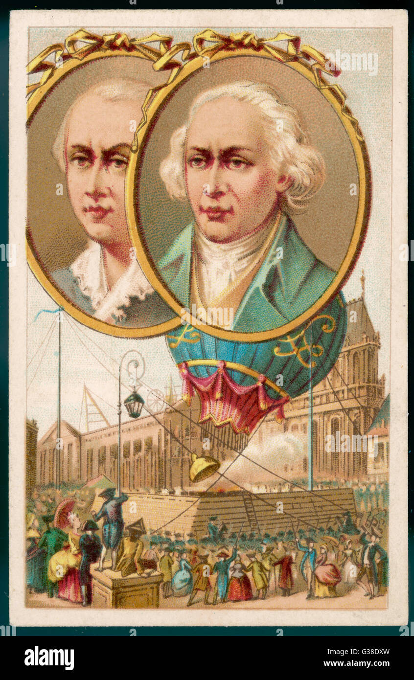 ETIENNE AND JOSEPH  MONTGOLFIER, French aviation pioneers, showing the ascent of their  first manned balloon      Date: 1780s Stock Photo