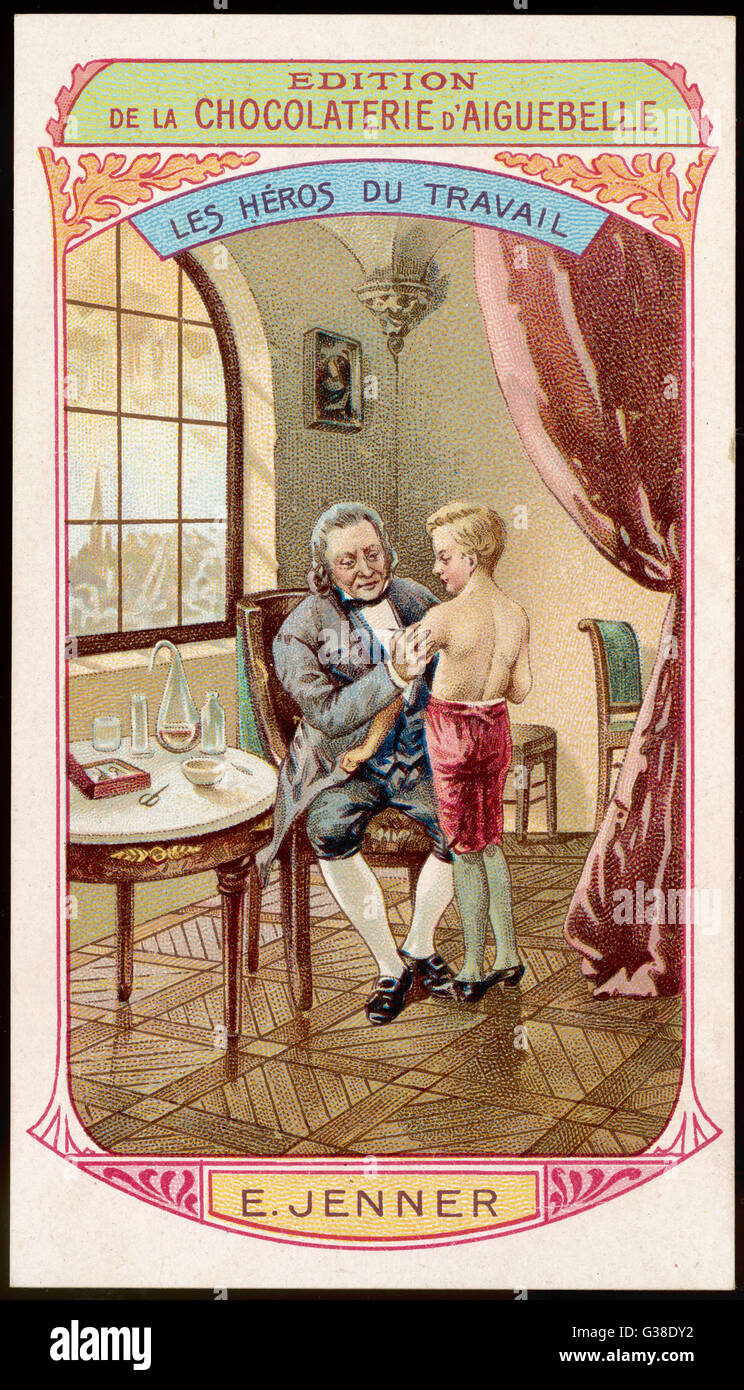 EDWARD JENNER In 1798 he announced that if  a child is inoculated with  cowpox, two months later s/he  won't  contract smallpox even  though inoculated with it     Date: 1749 - 1823 Stock Photo