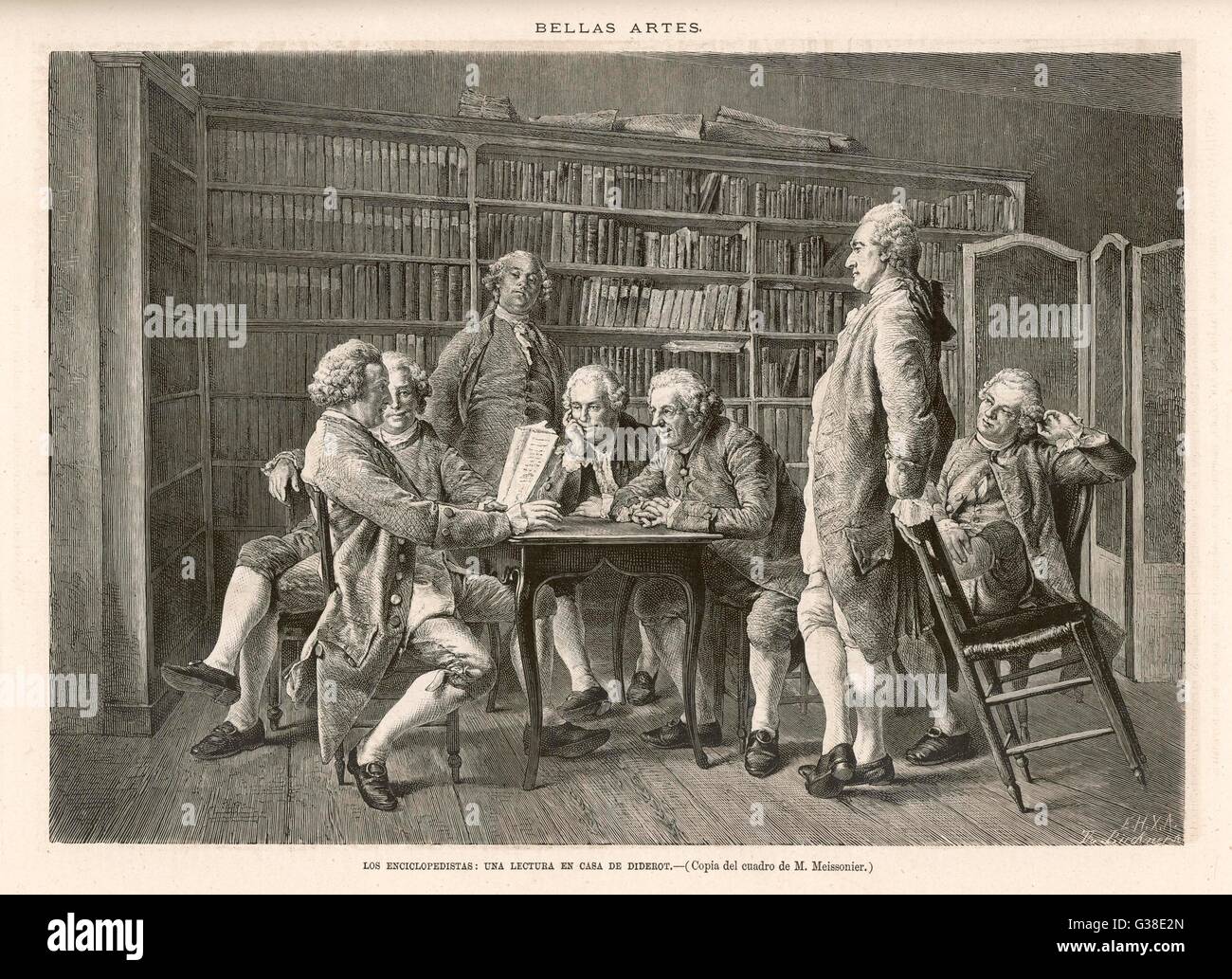 DENIS DIDEROT French encyclopedist and  philosopher who worked as a  teacher and a translator. Discussing the encyclopedia  with colleagues.     Date: 1713 - 1784 Stock Photo