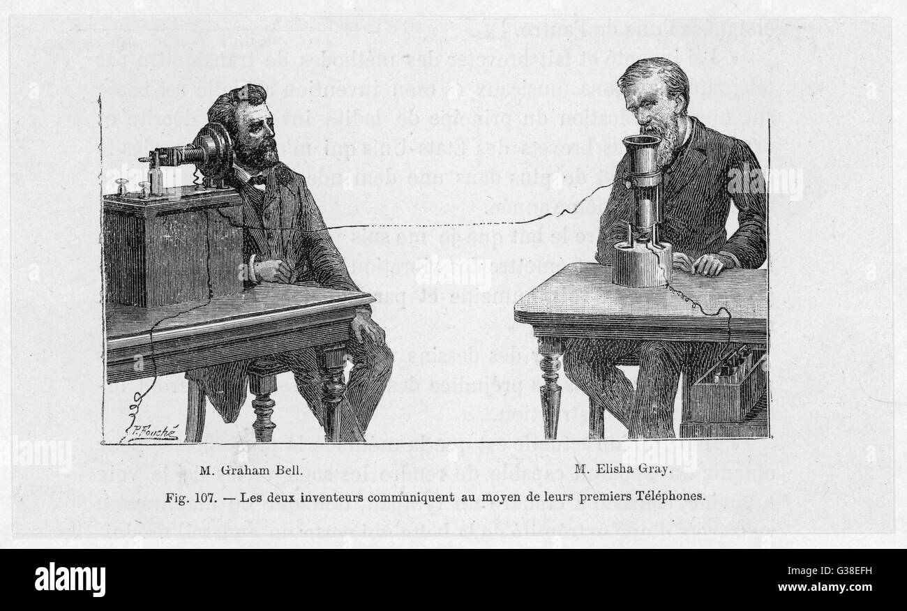 An imaginary conversation  between Alexander Graham Bell  and Elisha Gray, using their  own telephone devices Stock Photo