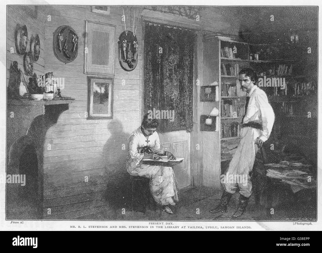 ROBERT LOUIS STEVENSON  in the library at Vailima,  Upsilu, Samoan Islands, with  his stepdaughter Belle, who  acted as his amanuensis     Date: 1850 - 1894 Stock Photo