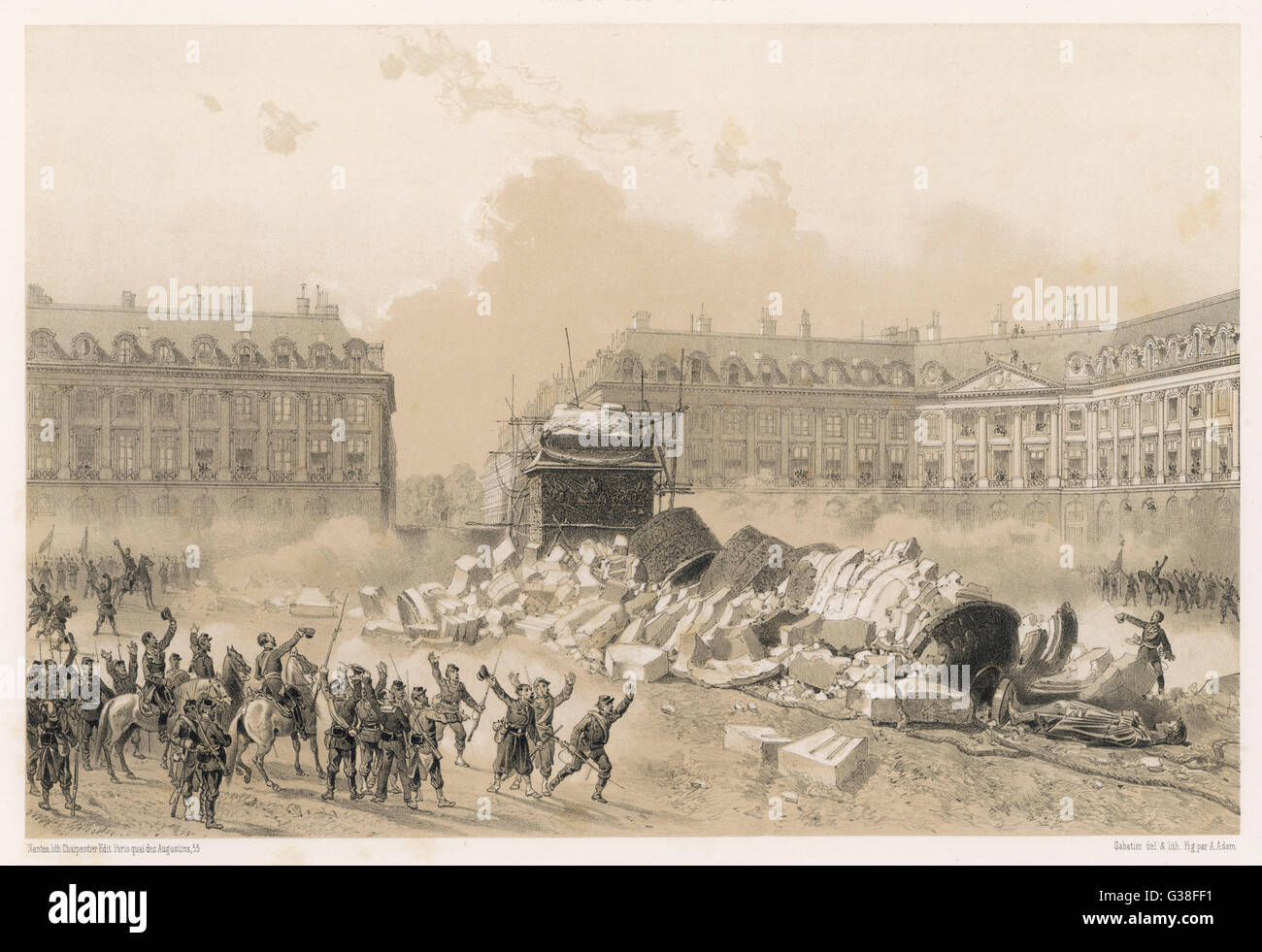 The Colonne de la Place  Vendome, Paris, surmounted  with a statue of Napoleon, is  pulled down by the Communards       Date: 16 May 1871 Stock Photo