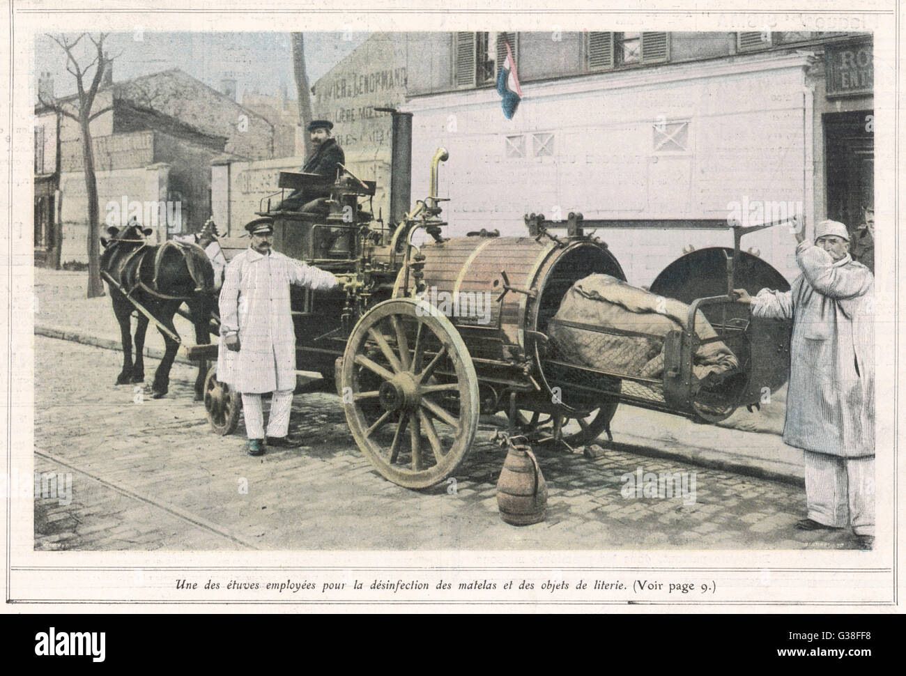 DISINFECTING A HOME Infected bedlinen is fumigated  in a horse-drawn portable  'Stove' to destroy germs of  tuberculosis or cholera       Date: 1905 Stock Photo