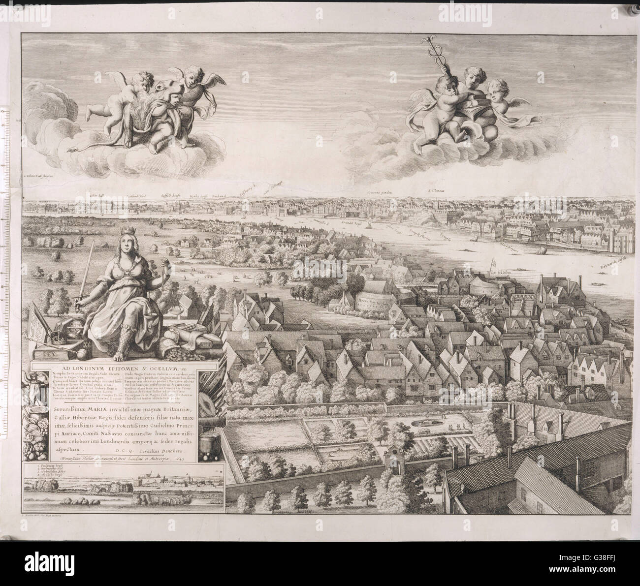 section 1 of 4 looking upstream,  including the Globe and other theatres       Date: 1647 Stock Photo