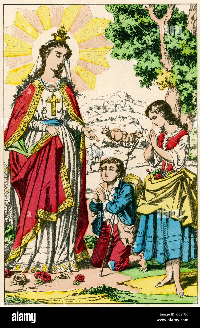 The Virgin Mary appears to two  children guarding sheep,  Melanie Calvat (14) and  Maximin Girard (11) : the site  in south-east France is now a  popular pilgrim destination     Date: 19 September 1846 Stock Photo