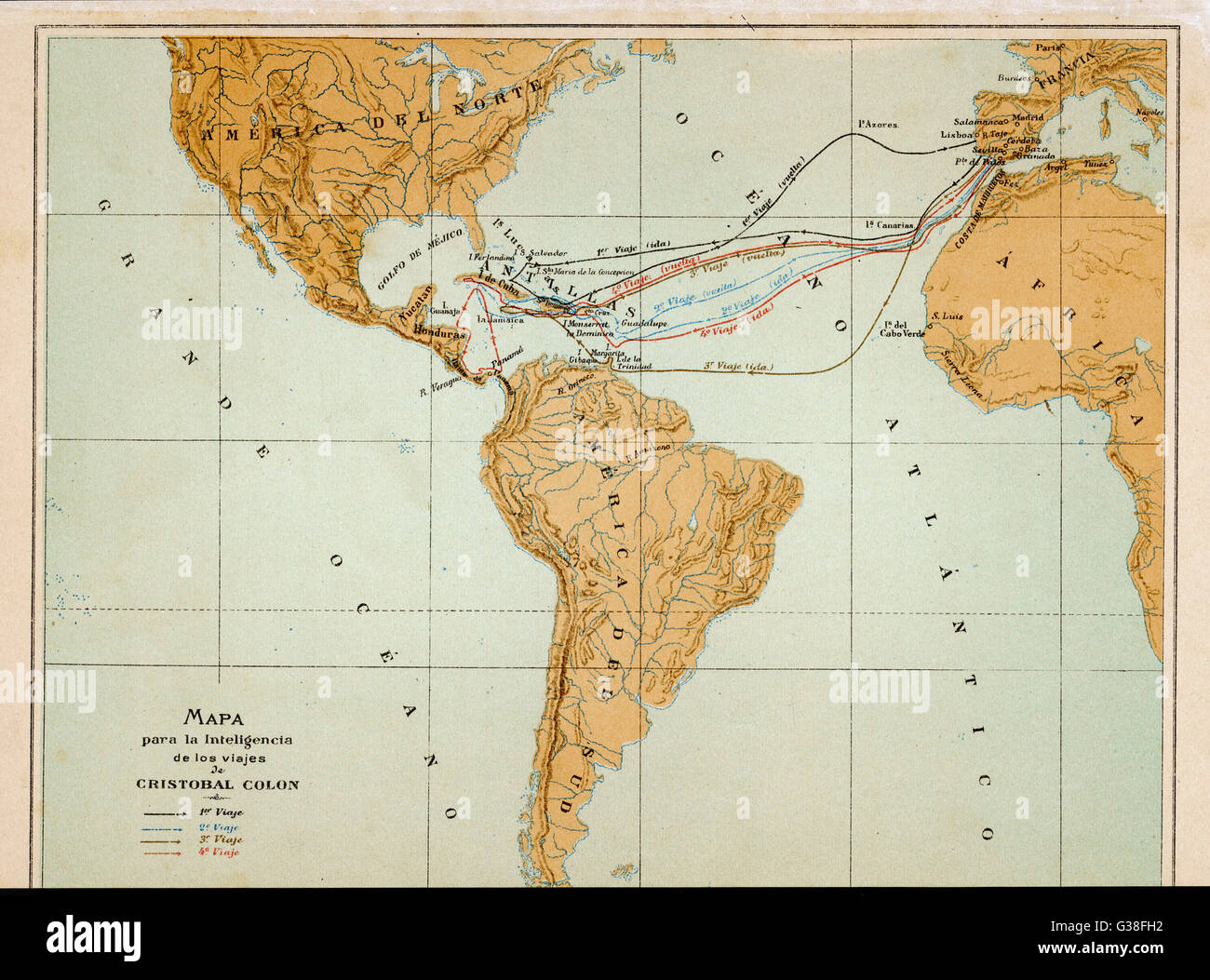 A map showing the four voyages taken by Columbus. Date: 1492 - 1502 Stock  Photo - Alamy