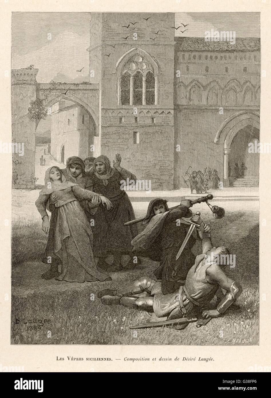 SICILIAN VESPERS The French at the court of  Charles d'Anjou, in Sicily,  are massacred, due to the  tyranny and brutality of the  French     Date: 30 March 1282 Stock Photo