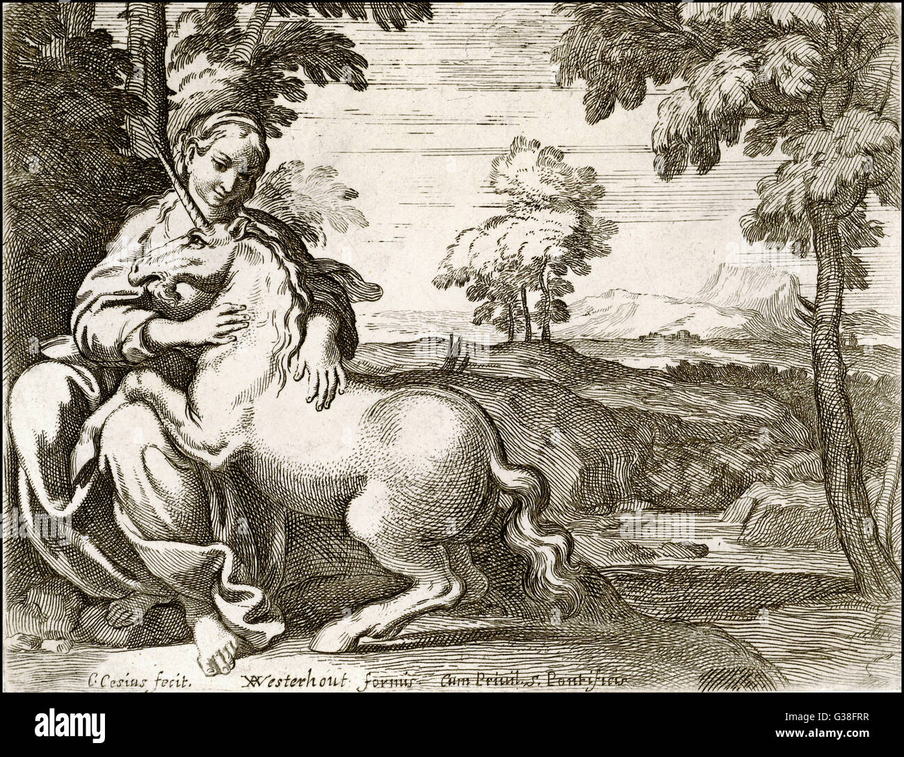 A girl cuddles a unicorn         Date: circa 1650 Stock Photo