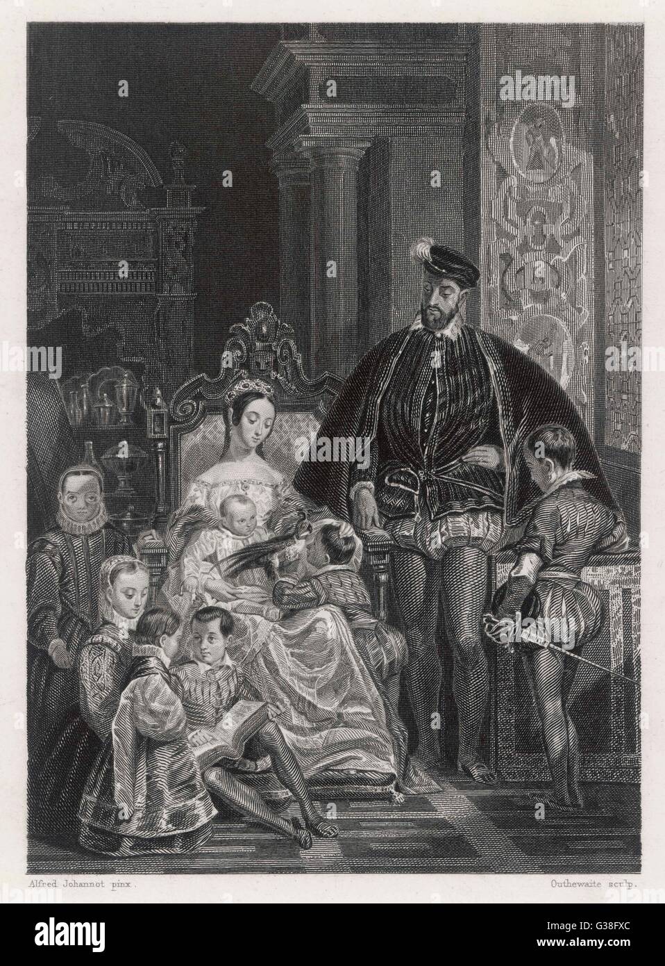 HENRI II king of France,  with his queen, Catherine de  Medicis, and six of their nine  children : in 1551      Date: 1519 - 1559 Stock Photo