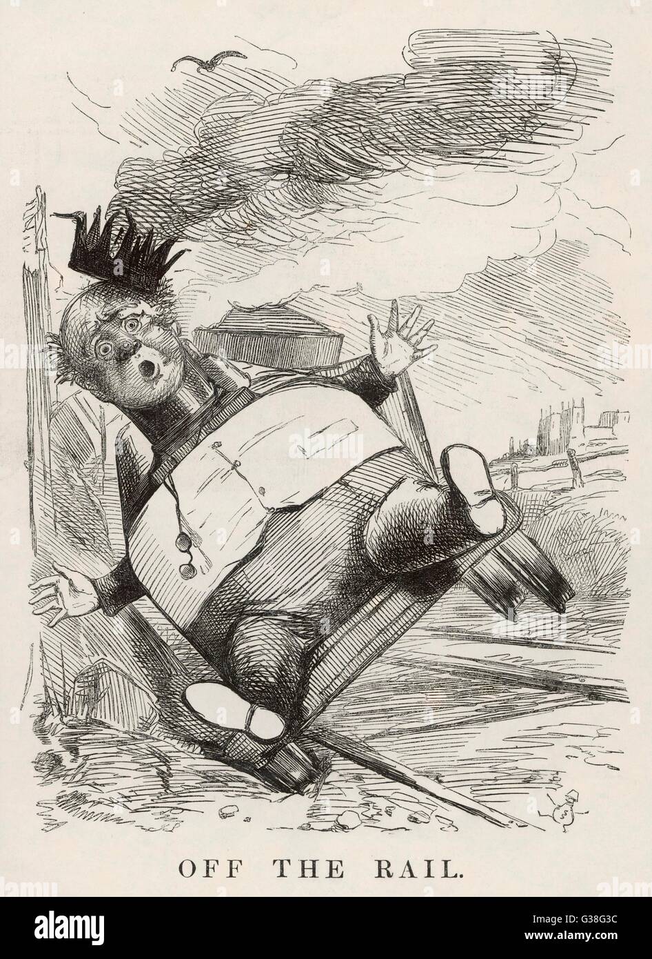 'OFF THE RAIL' The speculations of railway  financier George 'King' Hudson (1800-1871),  start to collapse       Date: Summer 1849 Stock Photo