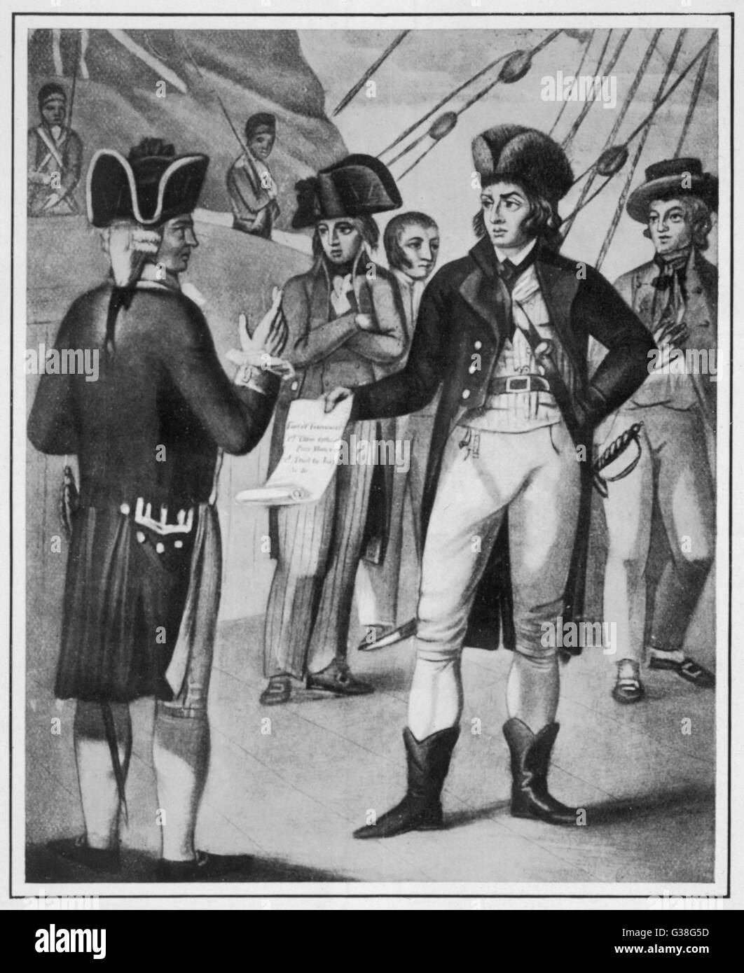 MUTINY AT THE NORE Richard Parker, President of the Committee of Delegates,  tenders the sailors' grievances to Vice- Admiral Buckner, on the 'Sandwich'  Date: May 1797 Stock Photo - Alamy
