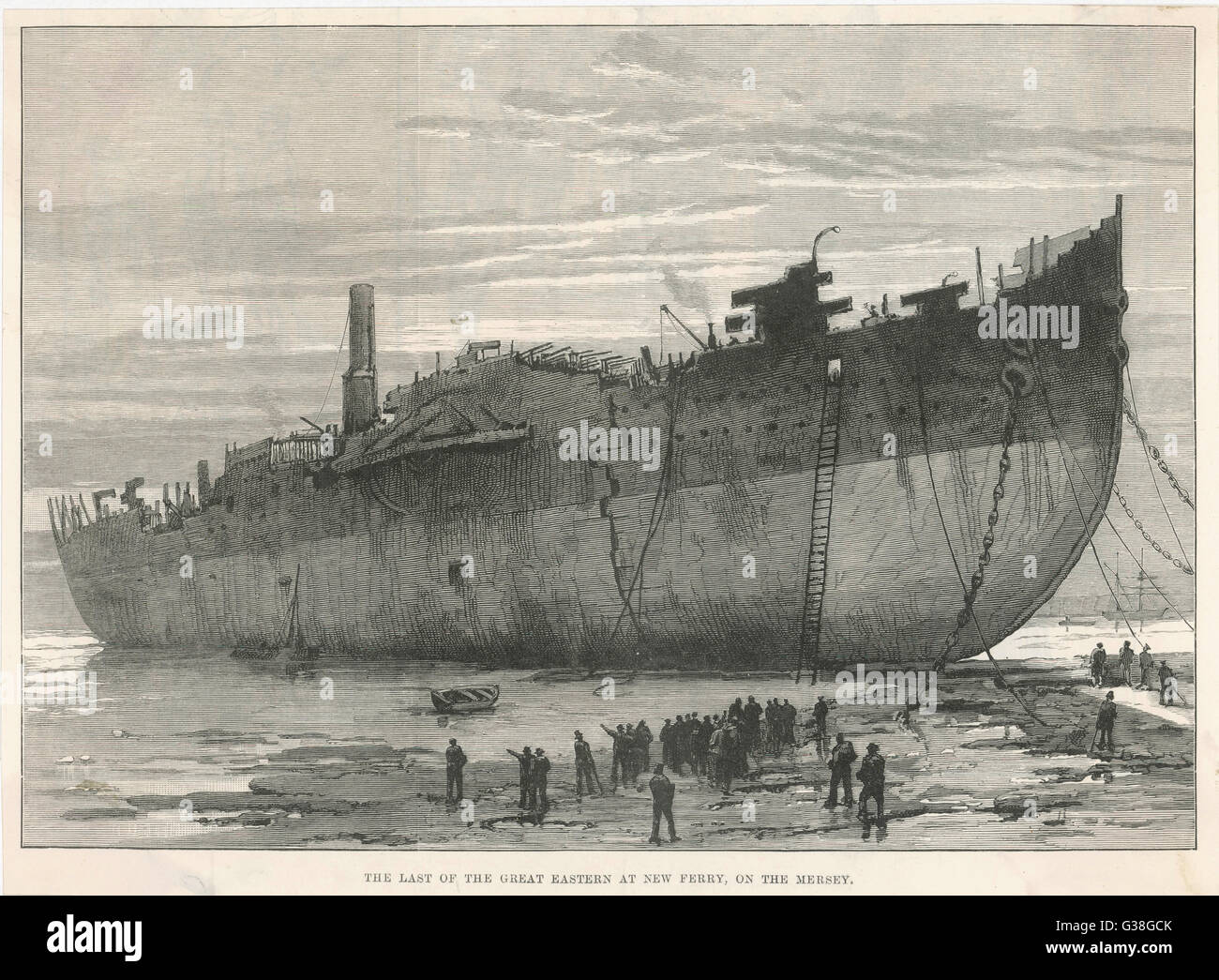 The last, sad remains of the  great ship at New Ferry, on  the Mersey, Lancashire        Date: 1889 Stock Photo