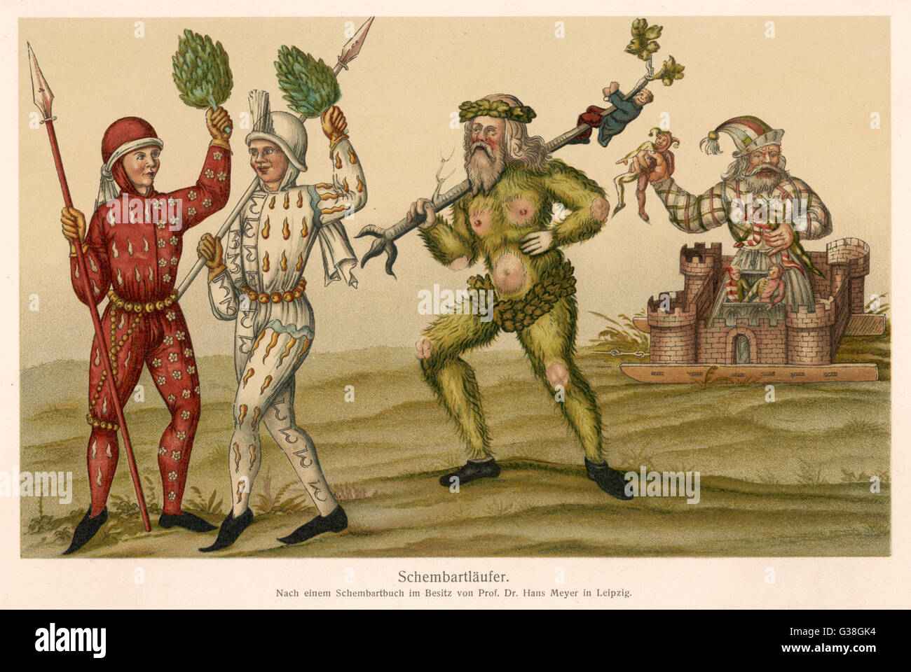 A 'Green Man' figures among  the characters of a medieval  German morality play        Date: medieval Stock Photo