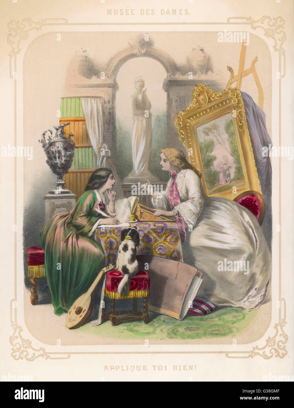 A mother counsels her daughter  to apply herself well to her  work ; the child pauses in her  writing (with a quill pen) to  hearken to her words of wisdom      Date: circa 1840 Stock Photo