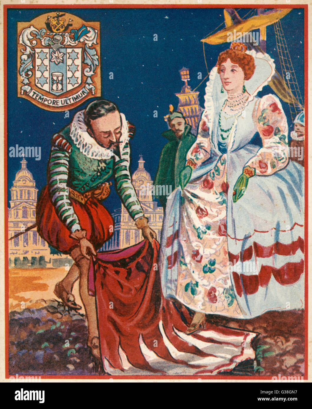 The gallant Sir Walter Raleigh  lays down his cloak at the  feet of Queen Elizabeth I to  prevent her from stepping in  the mud.      Date: 1581 Stock Photo