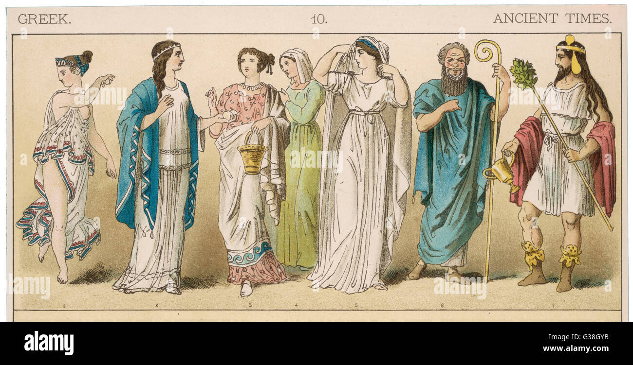 Various Ancient Greek  costumes; left to right - one female dancer, four women  in everyday costume and two  actors.      Date: circa 600 BC Stock Photo