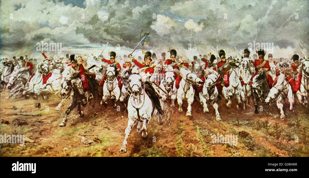 Battle of WATERLOO : 'Scotland for ever !' the charge of the Scots Greys       Date: 18 June 1815 Stock Photo