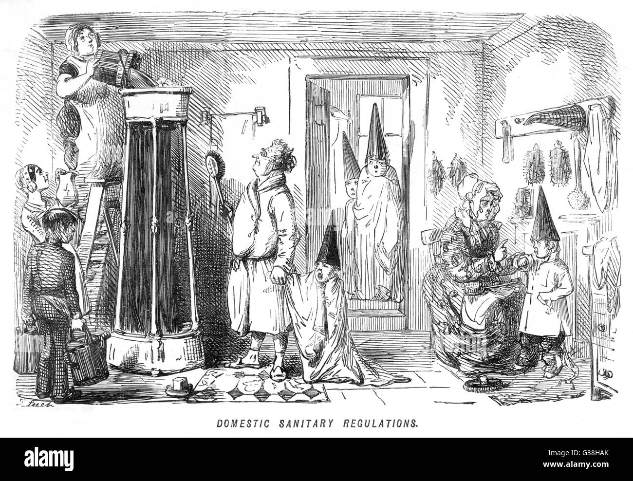 A family prepare to partake of  a shower.  The servants fill  up the shower head with hot  water as the family members  don conical hats and towels -  some require encouragement!     Date: 1850 Stock Photo