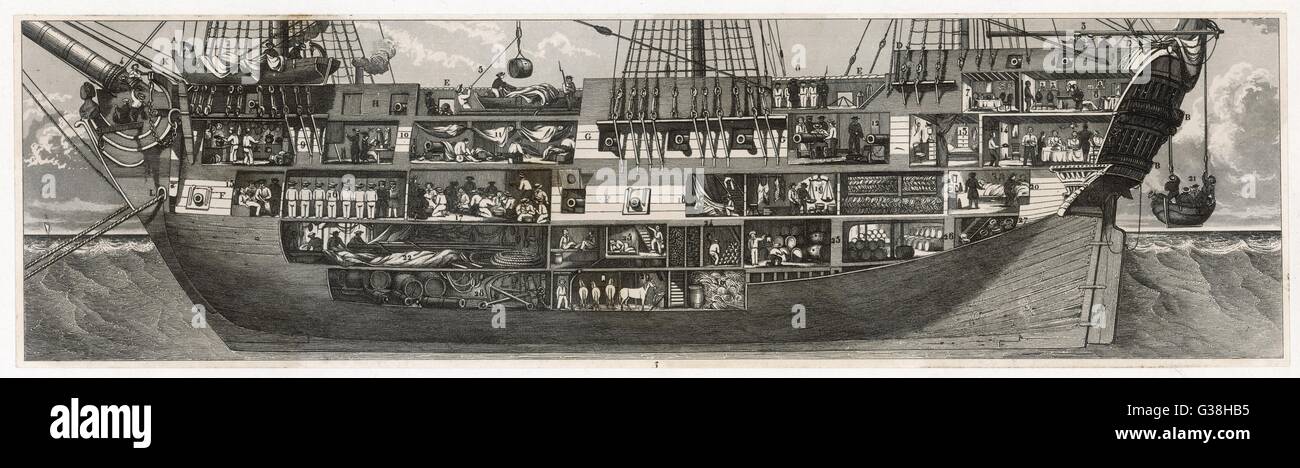 A cross-section of an late  eighteenth century warship         Date: Late 18th century Stock Photo