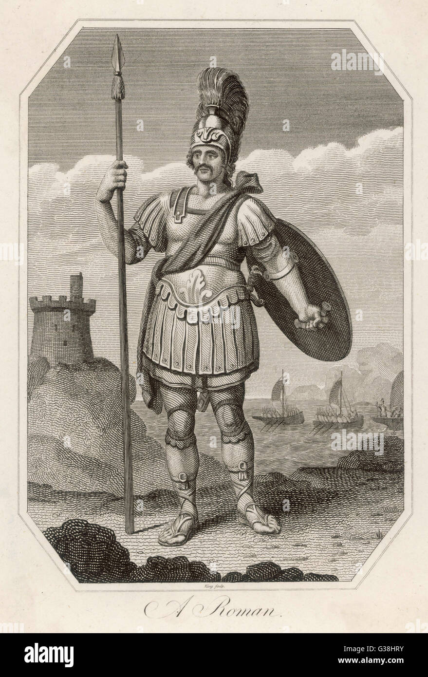 A Roman soldier ready for  action - spear, shield, plumed  helmet and protective clothing Stock Photo