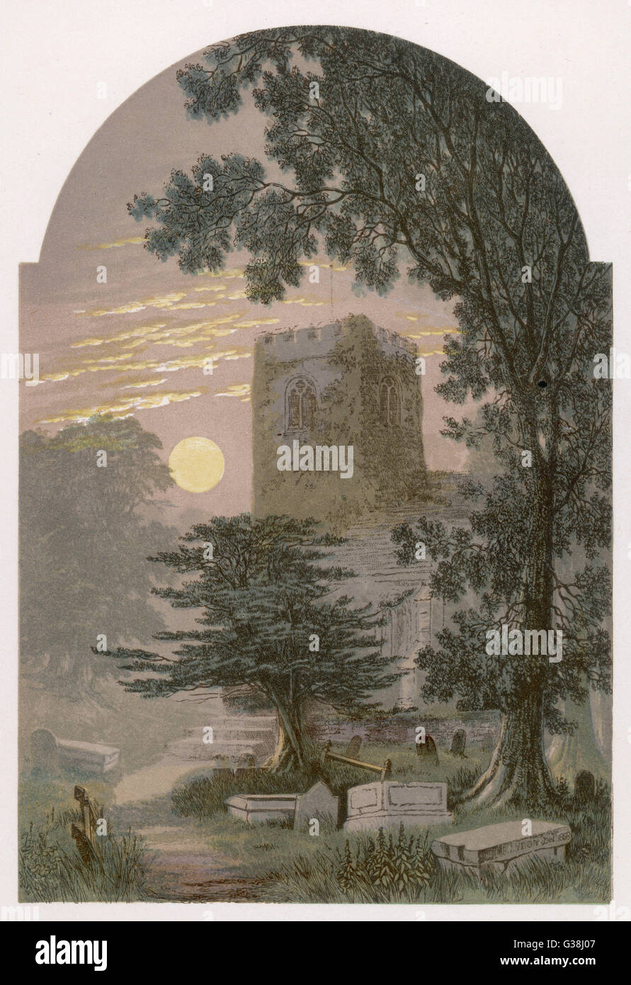 A moonlit churchyard           Date: circa 1860 Stock Photo