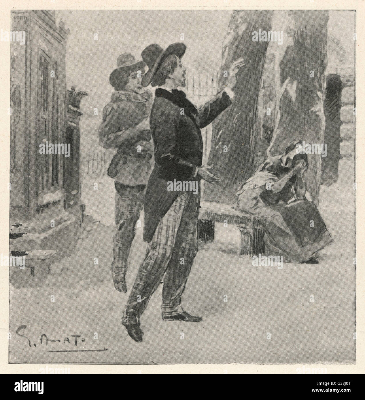La BOHEME   Act III: outside in the snow, Rodolfo  declares his love for Mimi - from a production at the Opera  Comique, Paris      Date: June 1898 Stock Photo