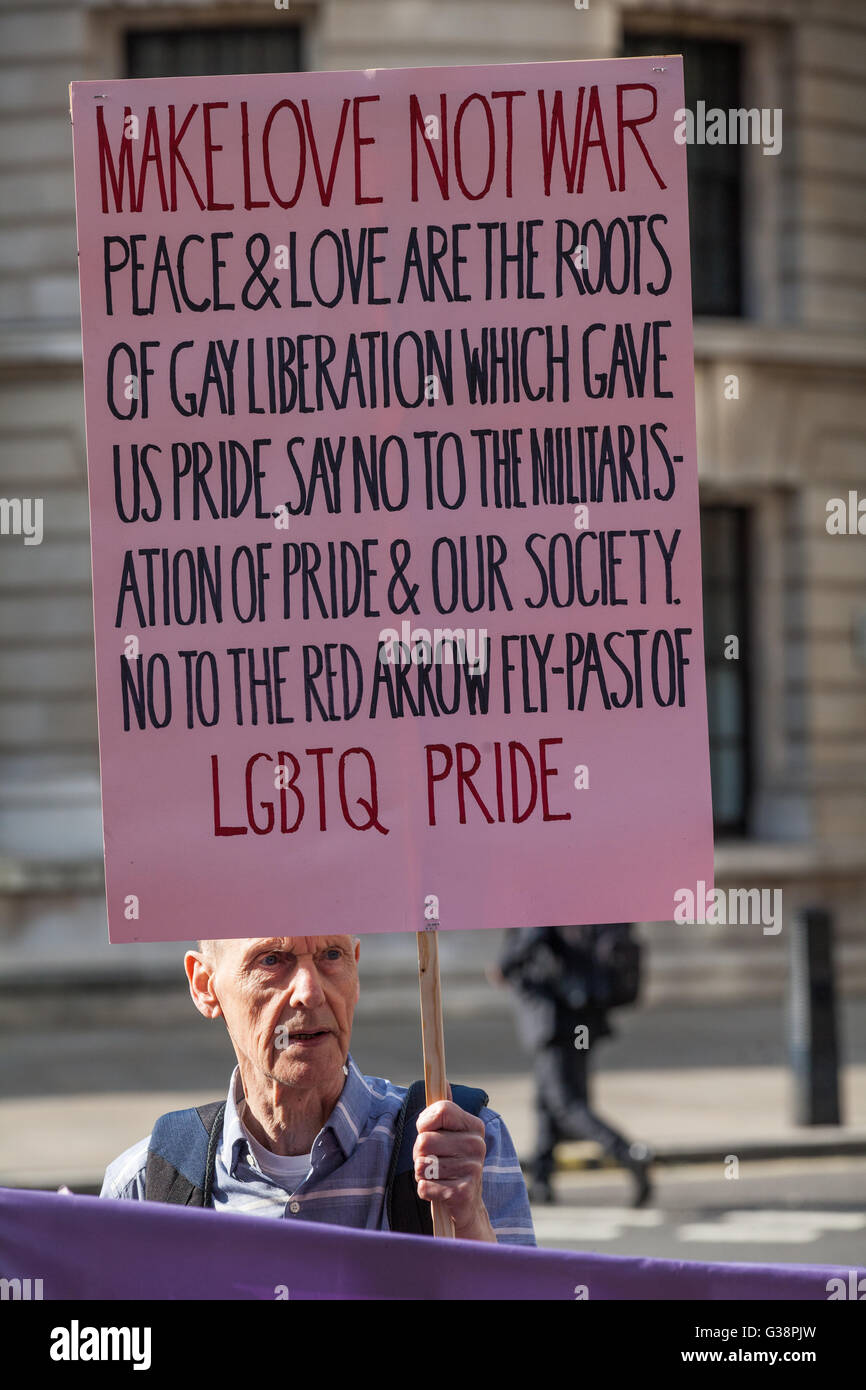 London, UK. 9th June, 2016. Stuart Feather, author and Gay Liberation Front campaigner, protests outside the Ministry of Defence against BAE systems involvement in and plans for a flypast by the Red Arrows at the Pride Festival. A previous protest was held outside City Hall. Stock Photo