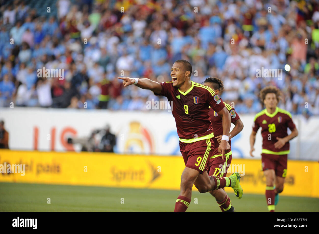 Philadelphia, Pennsylvania, USA. 9th June, 2016. SALMON RONDON (9) of Venezuela celebrates after scoring a goal against Uruguay during the Copa America match held at Lincoln Financial Field. Credit:  Ricky Fitchett/ZUMA Wire/Alamy Live News Stock Photo