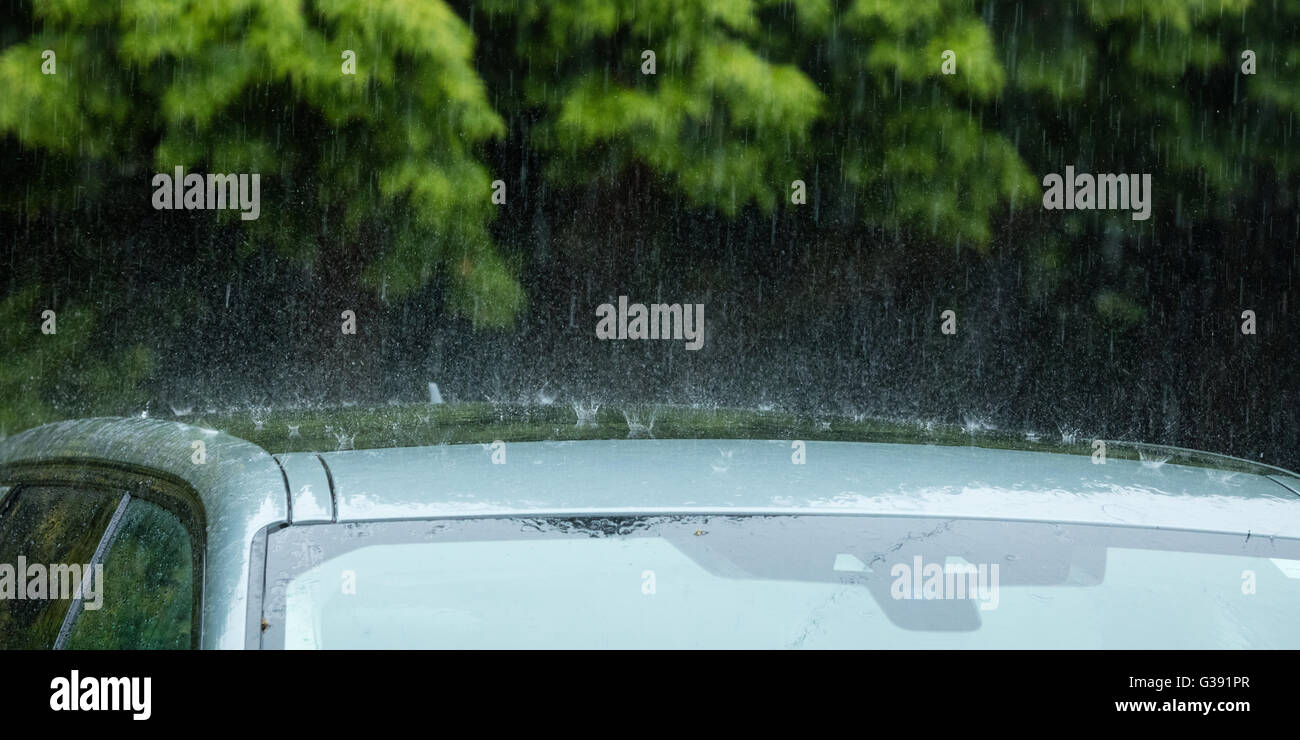 Sheffield, South Yorkshire, UK. 10th June, 2016. UK Weather: Torrential rain splashes off a car roof in Sheffield as South Yorkshire is subjected to heavy downpours. Credit:  Graham Dunn/Alamy Live News Stock Photo
