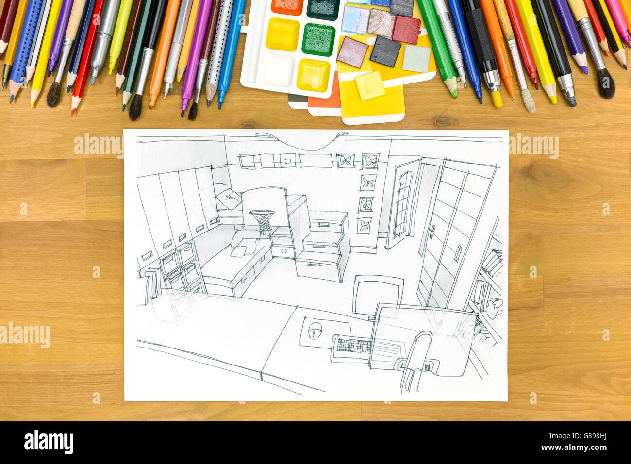architectural planning of interiors design on a desk with painting ...