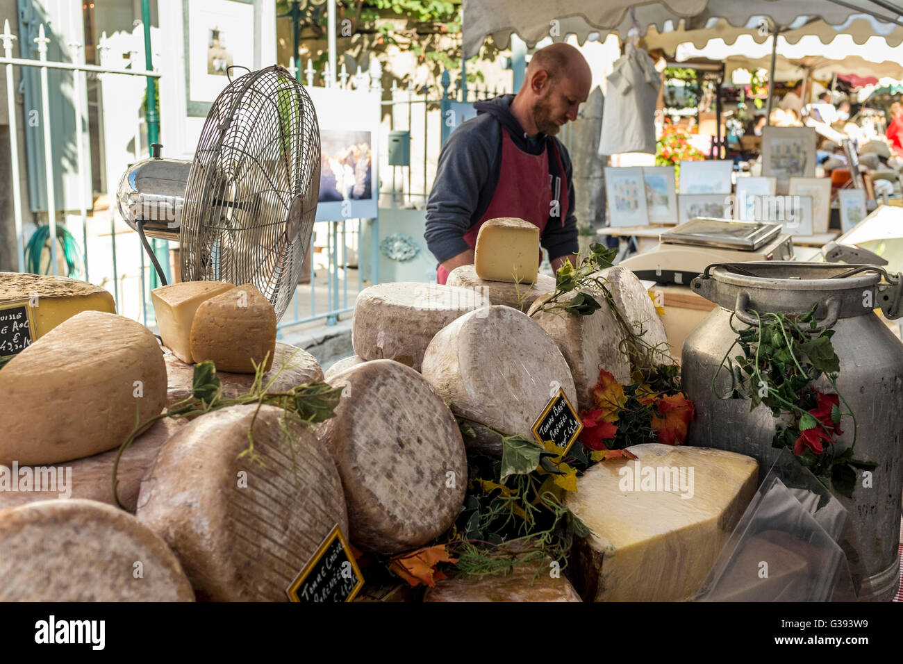 Outdoor market stall in Lourmarin selling cheese, Luberon, Vaucluse, Provence-Alpes-Côte d'Azur, France Stock Photo