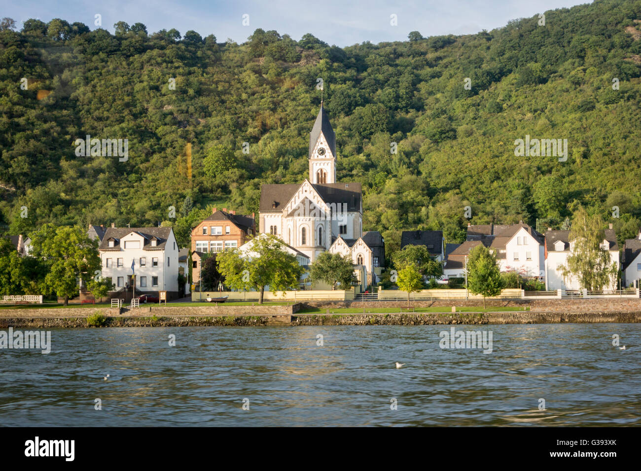 KampBornhofen and St Nikolaus Church on the River Rhine, Germany Stock
