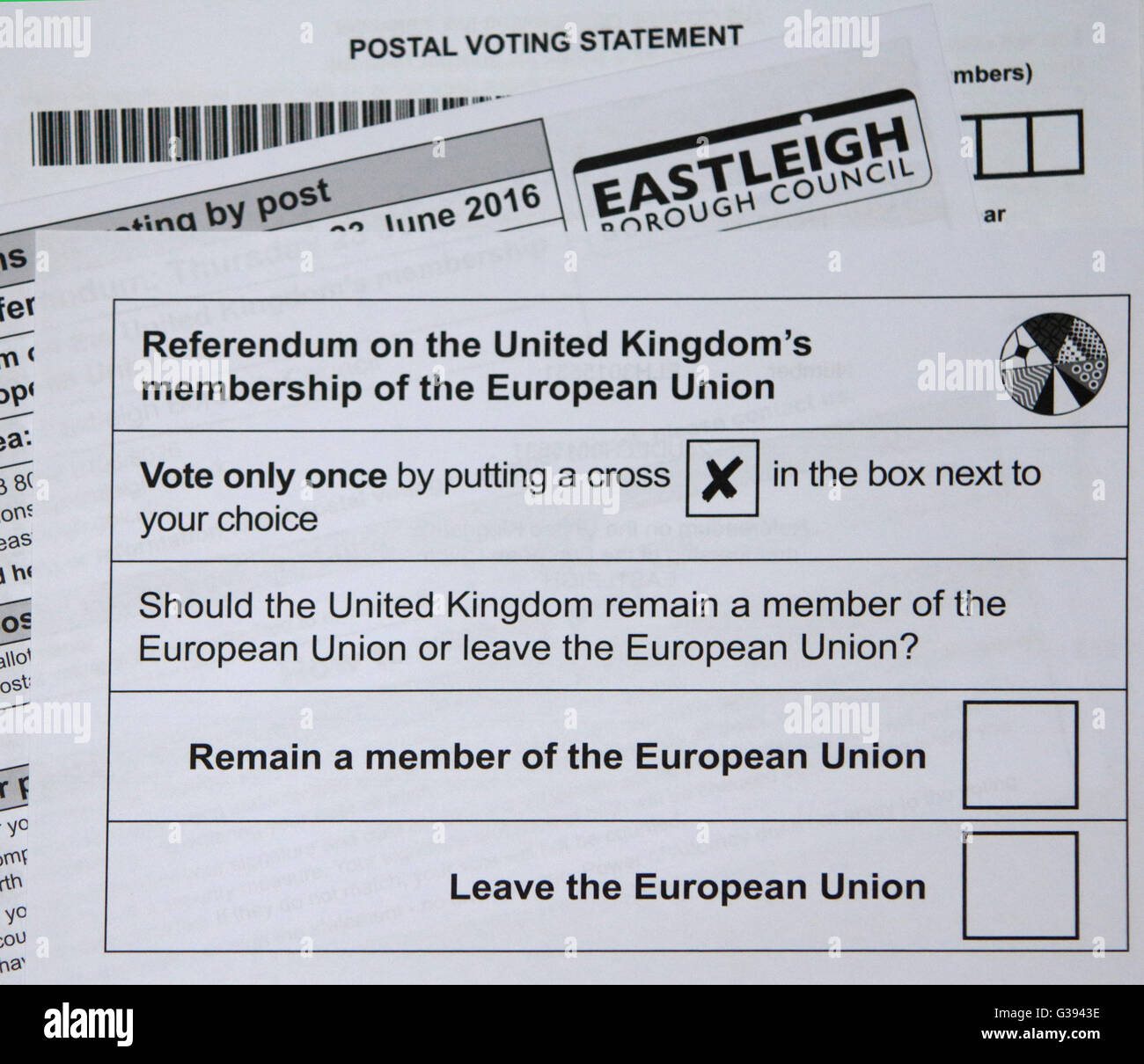 2016 UK European Union Referendum Postal Vote Ballot Paper Stock Photo