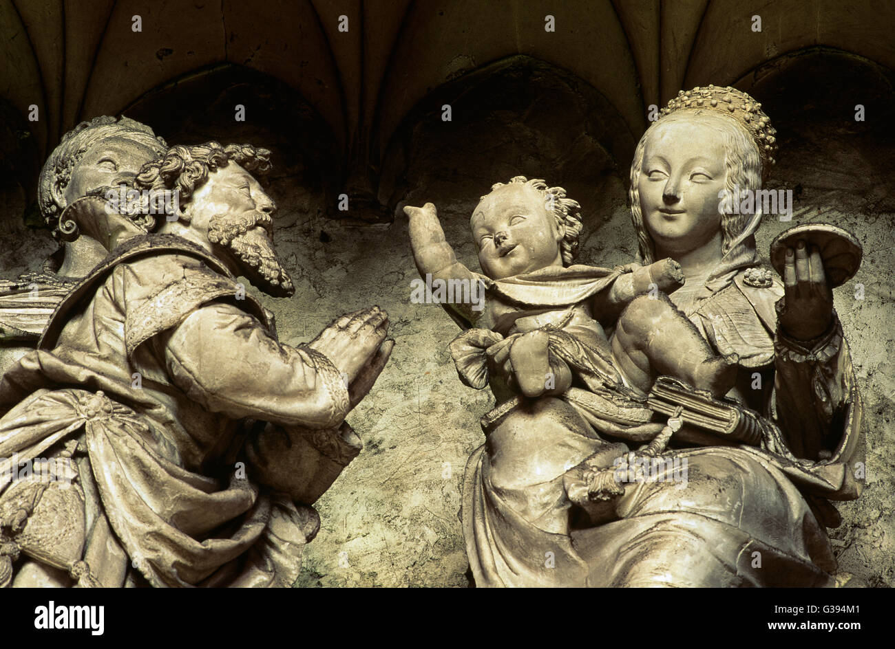 Sculpture of the Virgin Mary Holding baby Jesus inside Chartres Cathedral, Chartres, France Stock Photo