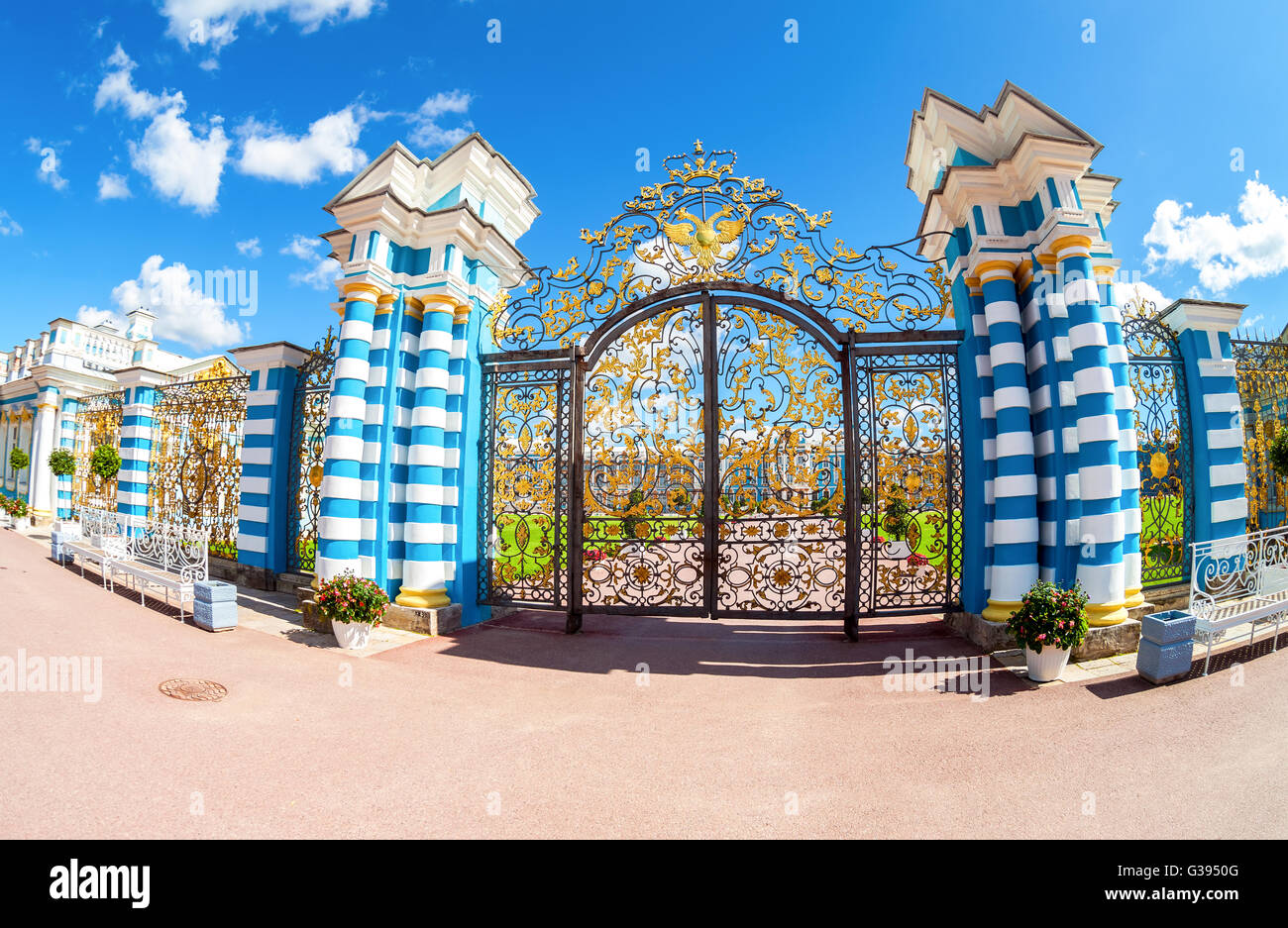 Openwork gate of Catherine Palace - the summer residence of the Russian tsars Stock Photo