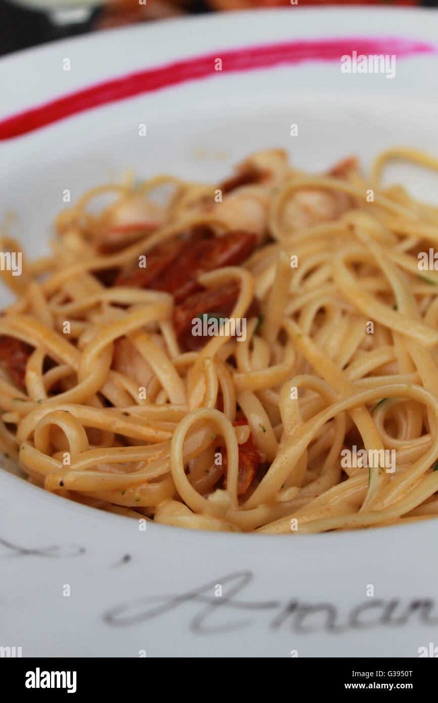 Linguine pasta with scallops and chorizo, dinner, French restaurant
