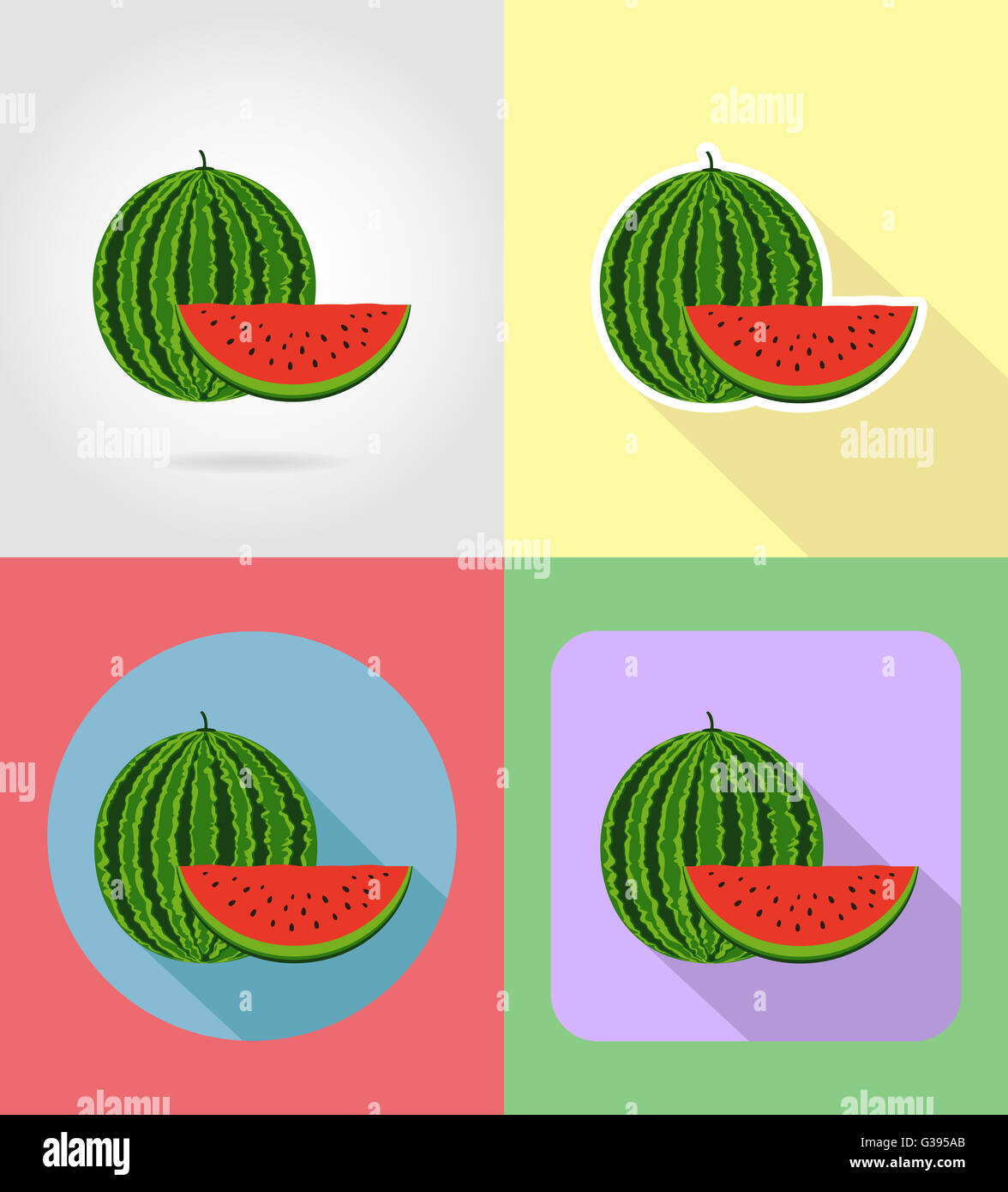 watermelon fruits flat set icons with the shadow illustration isolated ...