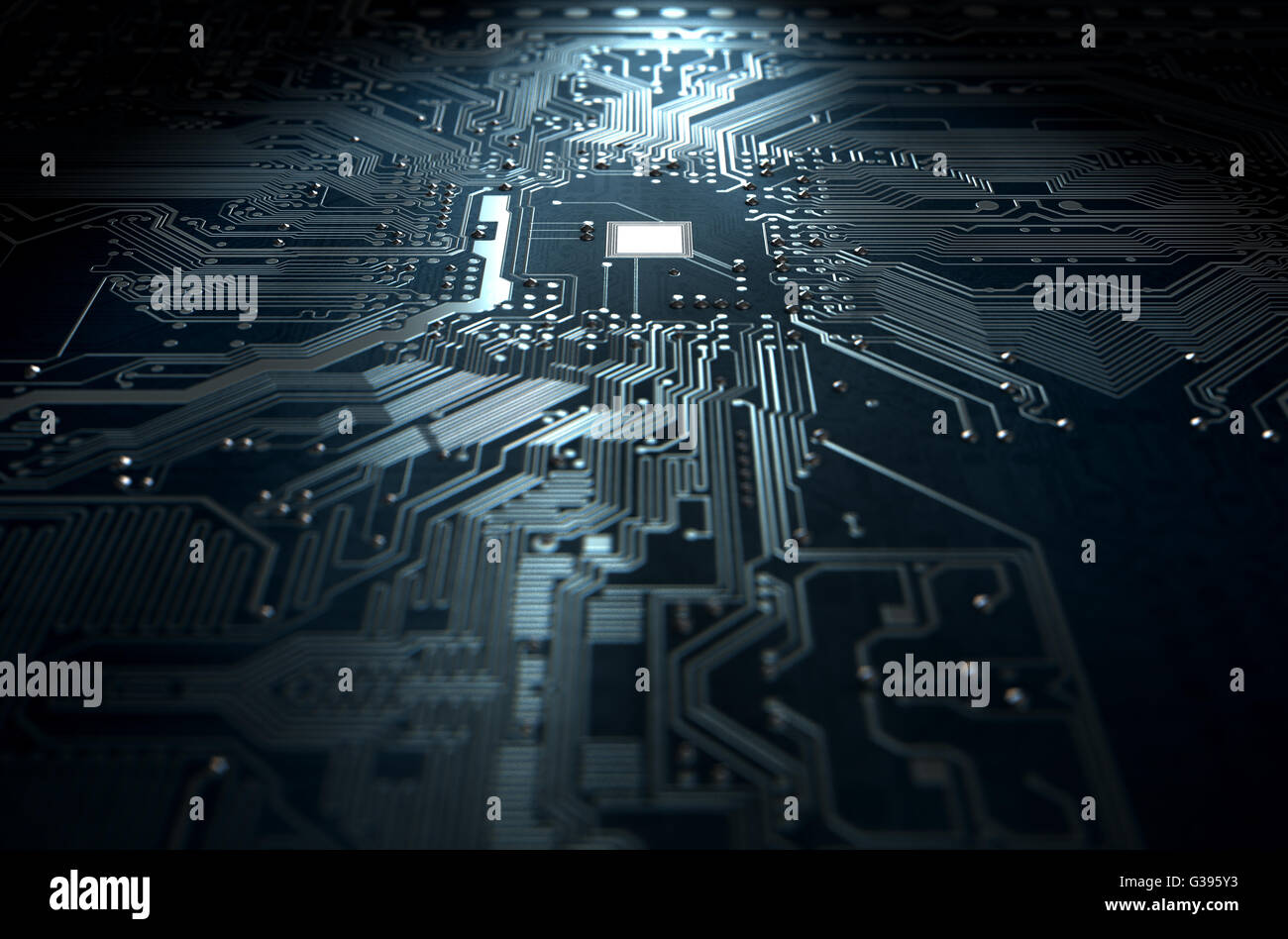 A 3D render of a macro view of a circuit board on a dark isolated studio background Stock Photo