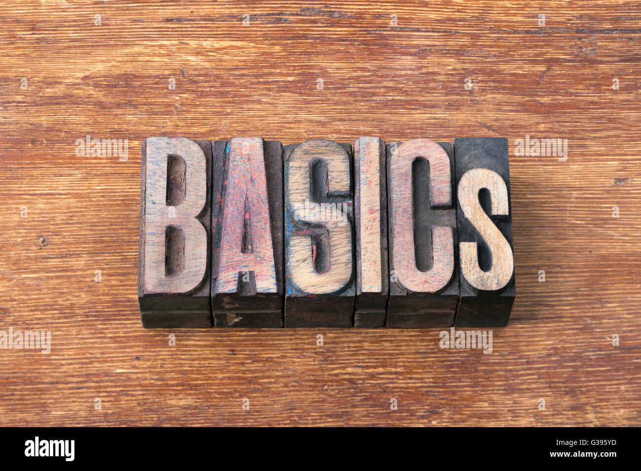 basics word made from wooden letterpress type on grunge wood Stock Photo