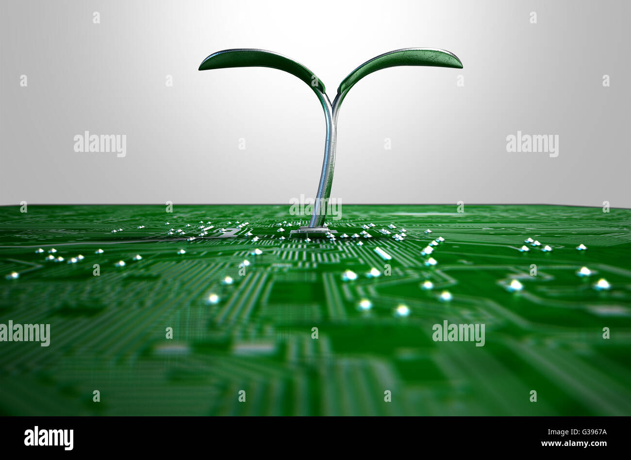 A 3D render of a macro view of a circuit board with a metal plant shoot ...