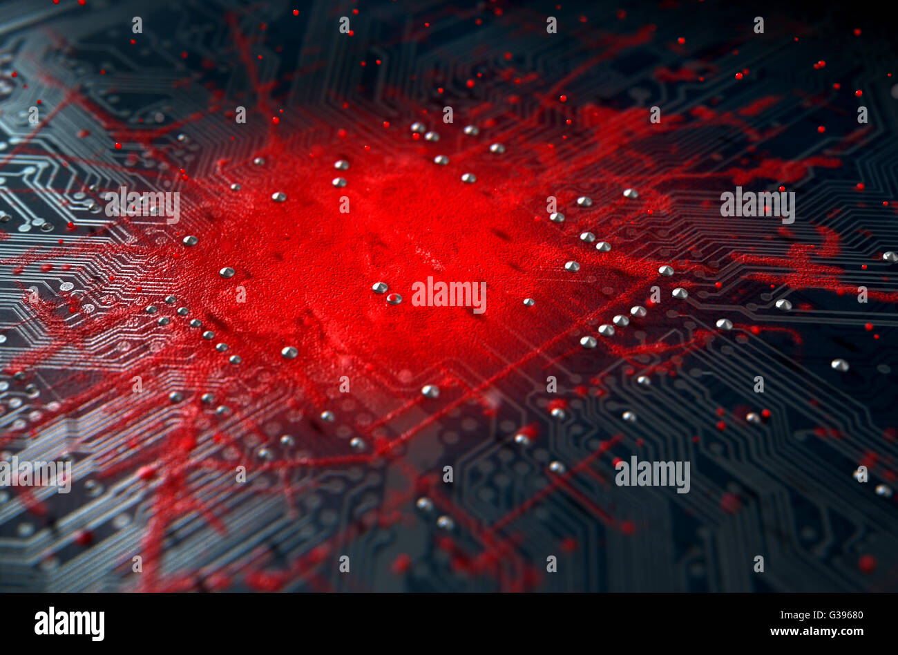 A 3D render of a macro view of a circuit board with a red apparent infection virus spreading from the center Stock Photo