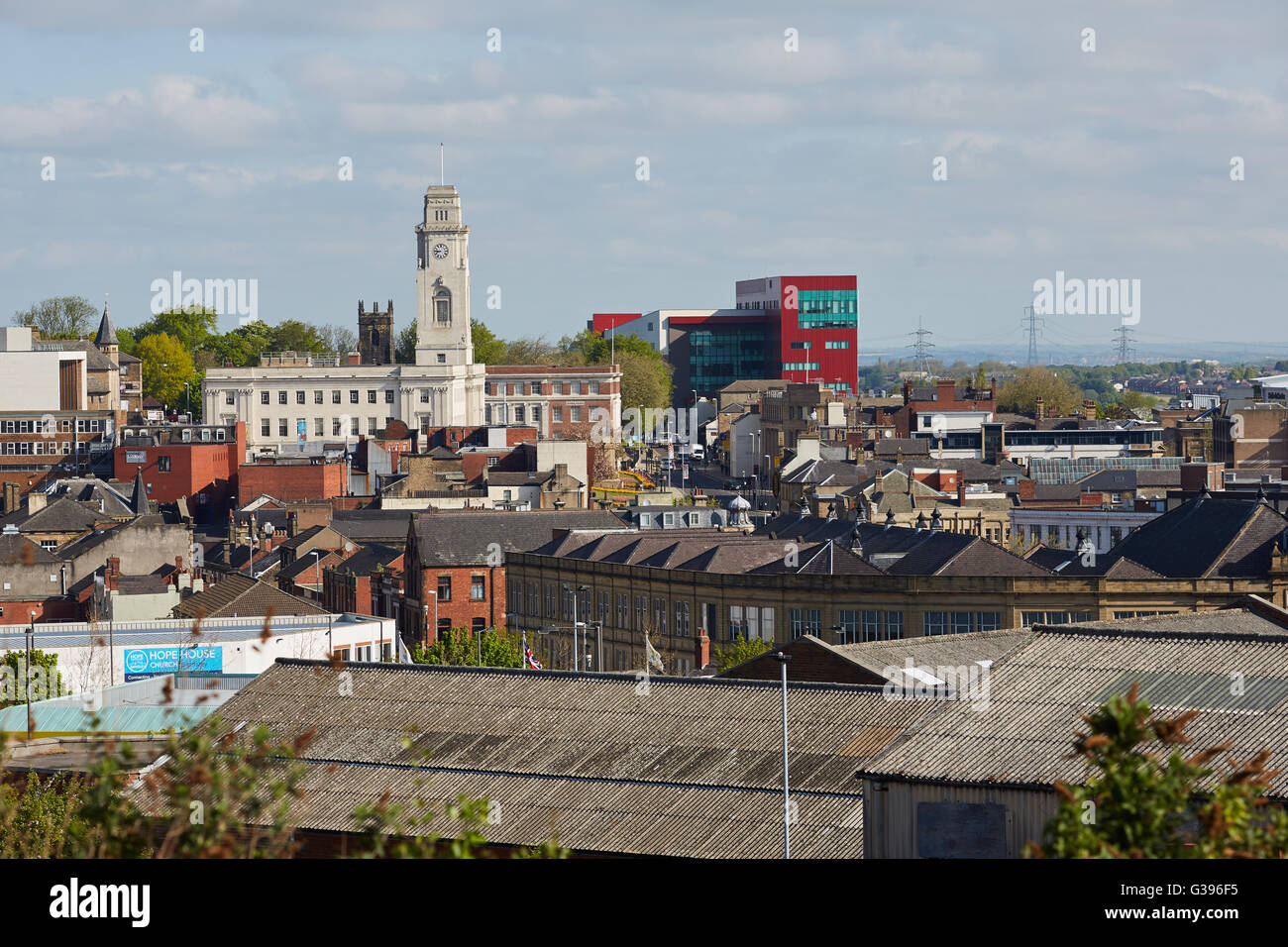barnsley town centre   Barnsley Town Hall the Metropolitan Borough of Barnsley on the skyline from above looking down It bears m Stock Photo