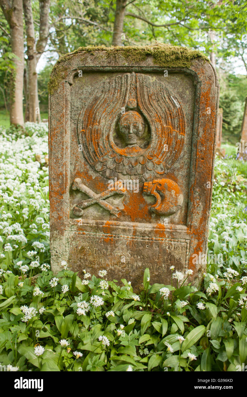 Elaborately carved symbols of death on gravestone in Kirkcolm old parish church and graveyard. Rhinns of Galloway, Scotland, UK Stock Photo