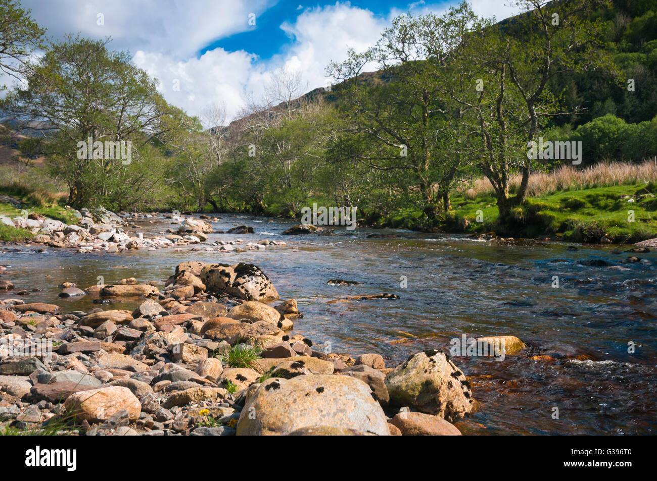 The river Abhainn a' Ghlinne Bhig running down Gleann Beag near Glenelg in Lochalsh, an area of the Scottish highlands. Stock Photo