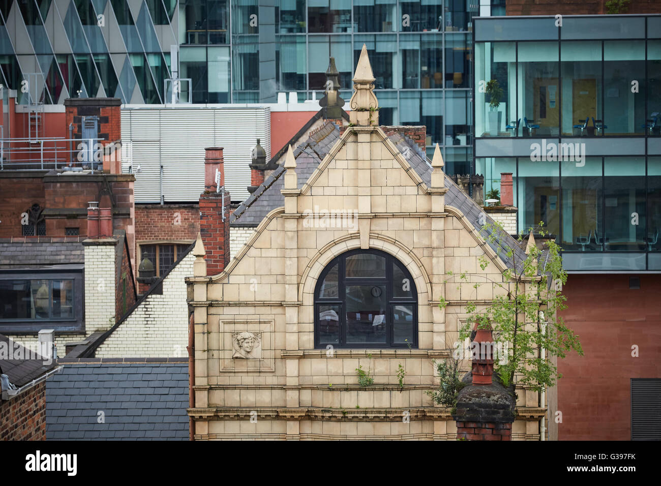 Rooftop detail of a shop on bridge Street manchester pretty ornate nice looking tiled Stock Photo