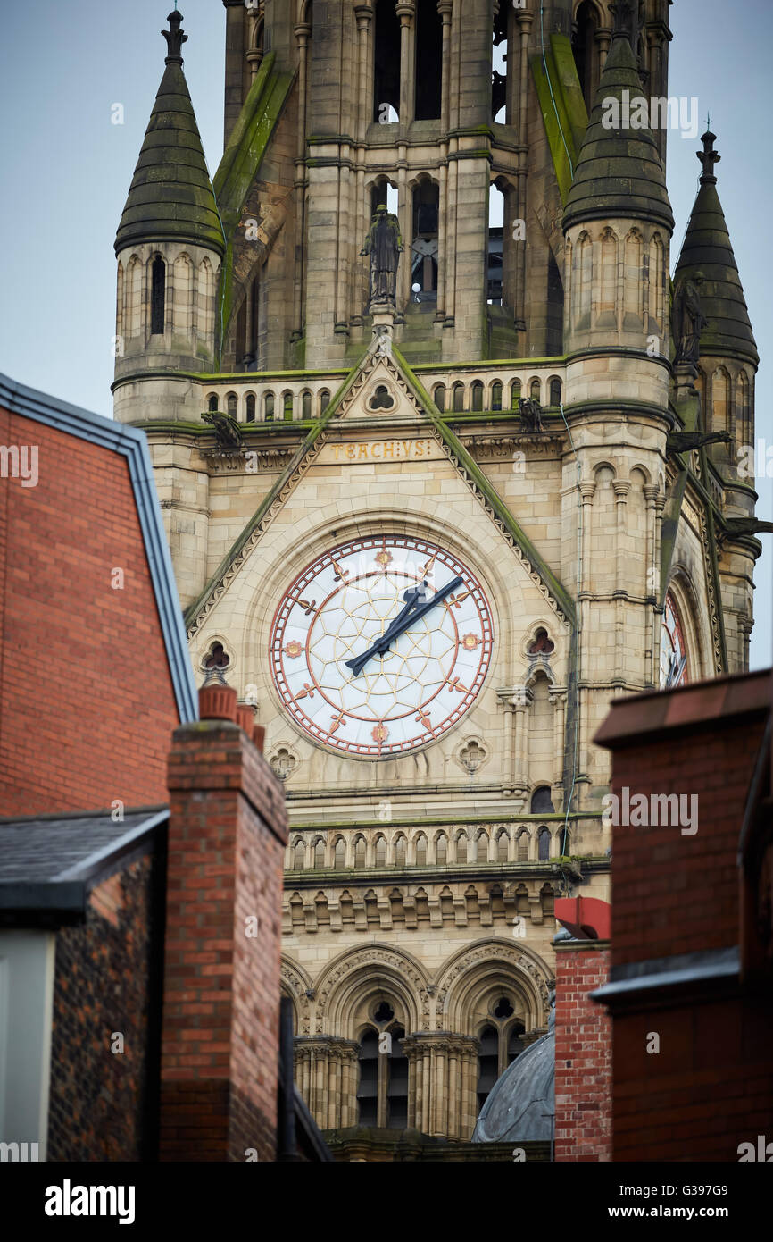 Manchester Town Hall is a Victorian, Neo-gothic municipal building in Manchester, England close op of the clock tower Designed b Stock Photo