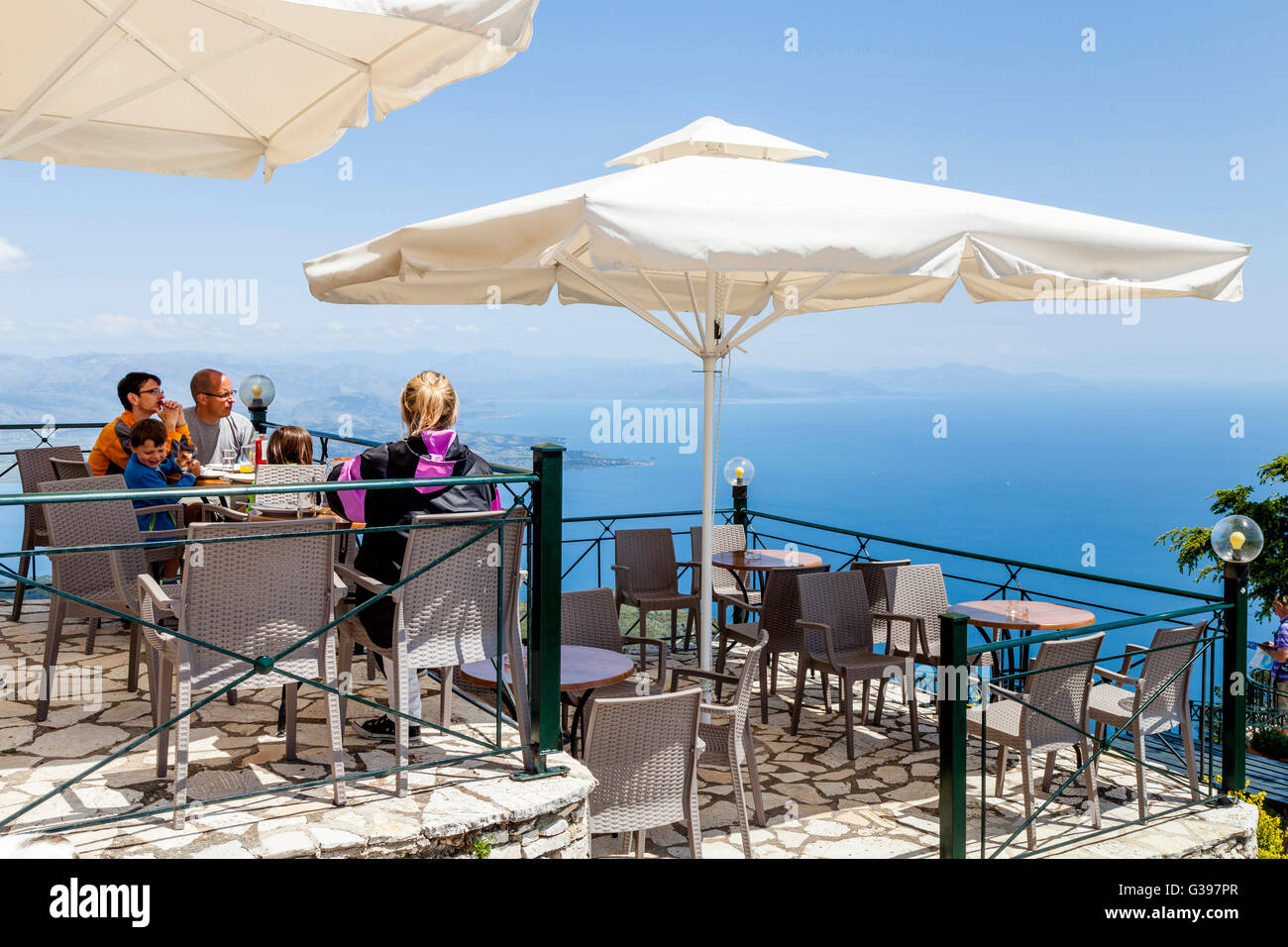 The Cafe and Views From Mount Pantokrator, Corfu Island, Greece Stock